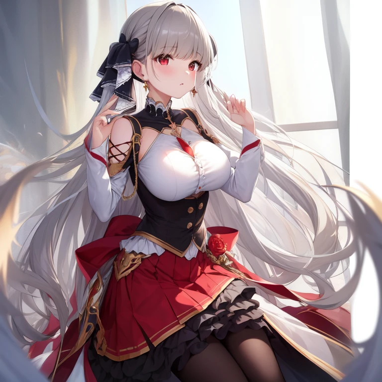 (masterpiece, Best quality1.2),illustration,8K,HD,1 Girl,Solitary,hands up,(portrait:1.2),long_hair,Large target_breast,Red_Eye,Very_long_hair,Bangs,Double tail,Ribbon,grey_hair,cleveage,hair_Ribbon,Two-color_Ribbon,between_breast,Black_skirt,skirt,Ruffles,only_Shoulder,Ruffles的_skirt,long_sleeve,Two-color_skirt,Jewelry,earrings,