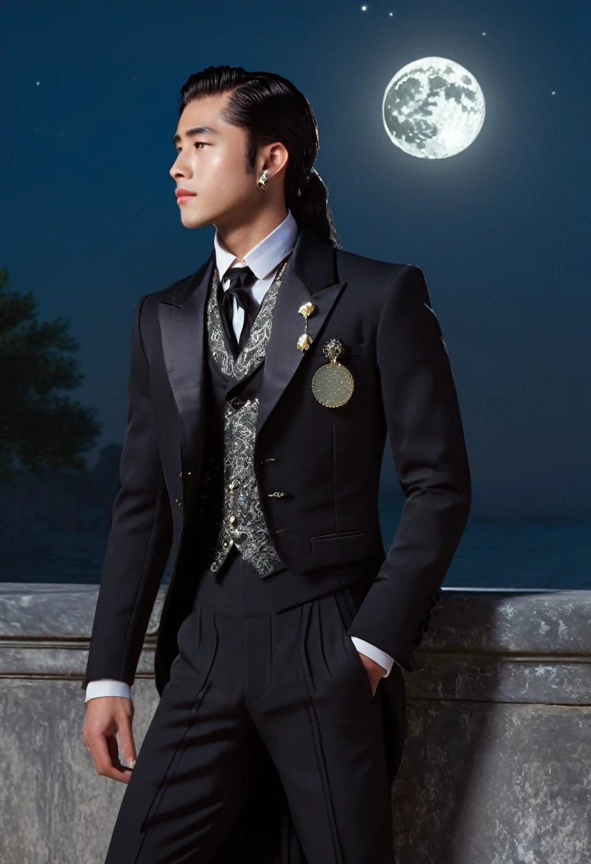 (by Claude Monet style:1.5), (1boy, black hair, dress, earrings, formal, full moon, glowing, glowing earrings, jewelry, long hair, looking to the side, moon, suit:0.5), (masterpiece, best quality, Professional, perfect composition, very aesthetic, absurdres, ultra-detailed, intricate details:1.3)