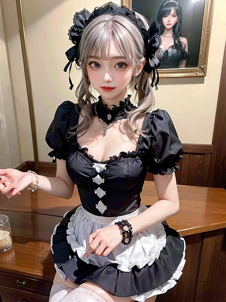 (8K, Photorealistic, Raw photo, of the highest quality: 1.3), (1girl in), Super beautiful, (Realistic face), (boyish, Silver Color Berry Shorthair), Beautiful , Glare that captivates the viewer, Beautiful expression, Beautiful breasts, (Realistic skin), Be...Super high quality, super high definition, super detailed, masterpiece, 20years old, female, cute, perfect face, beautiful, nice body, gothic ta clothes, gothic loliashion, frilly skirt, headdress, necklace, bracelet, knee-high socks, boots, double eyelids, tear bags, Detailed down to the fingers, photo-like description, indoors, dim indoor lighting, blonde hair, short bob, standing, whole body, composition that shows the whole body, smiling