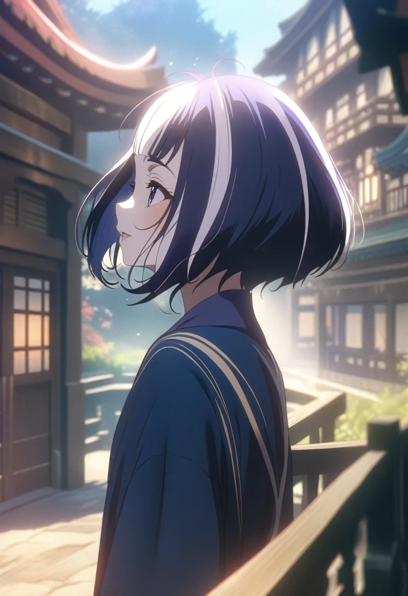 (shylily/(Twich/):1.5),(masterpiece:1.2),(best quality:1.2),Anime girl standing on the balcony looking at the building, Inspired by Torii Kiymoto, Blurred dreamy illustration, anime scene, Produced in collaboration with Anime Painter Studio, Close-up of Iwakura Ren, Animation movie stills, In the anime painter studio, Atmospheric animation, soft digital painting,