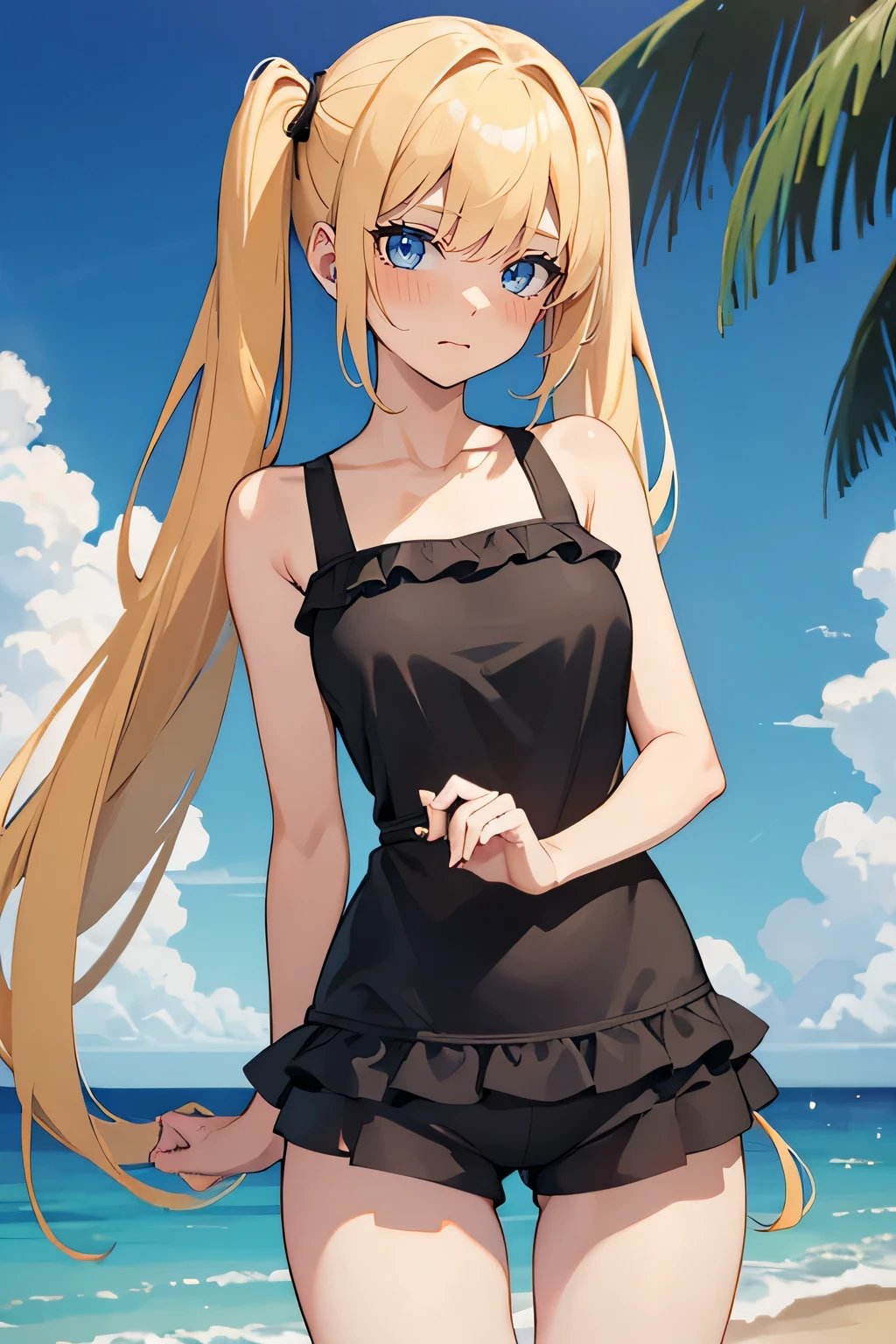 Safe for work, masterpiece, best quality, solo, 1 girl, (young female body:1.4), ( medium breasts), slender legs, golden yellow hair, extra long hair, blunt bangs, crystal blue eyes, very detailed eyes, beach, standing, elegant, smiling, flustered, cute girl, cowboy shot, completely black swimsuit, detailed eyes, expressive face, built in shorts, black modest swimsuit with shorts, twin tails, tankini, two piece bathing suit, tankini with long boy shorts, sleeveless