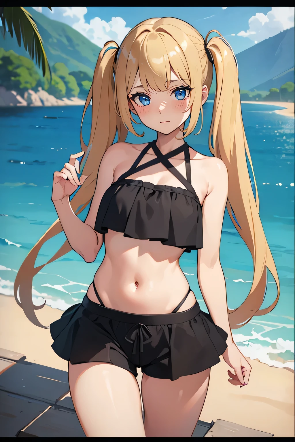 Chica anime con cabello azul y medias negras posando en una playa., anime moe art style, chica anime seductora, chica anime con cabello verde azulado, kantai collection style, nocturno, mikudayo, mejor fondo de pantalla de anime 4k konachan, mejor valorados en pixiv, high quality anime art style, female action anime girl, estilo carril azul