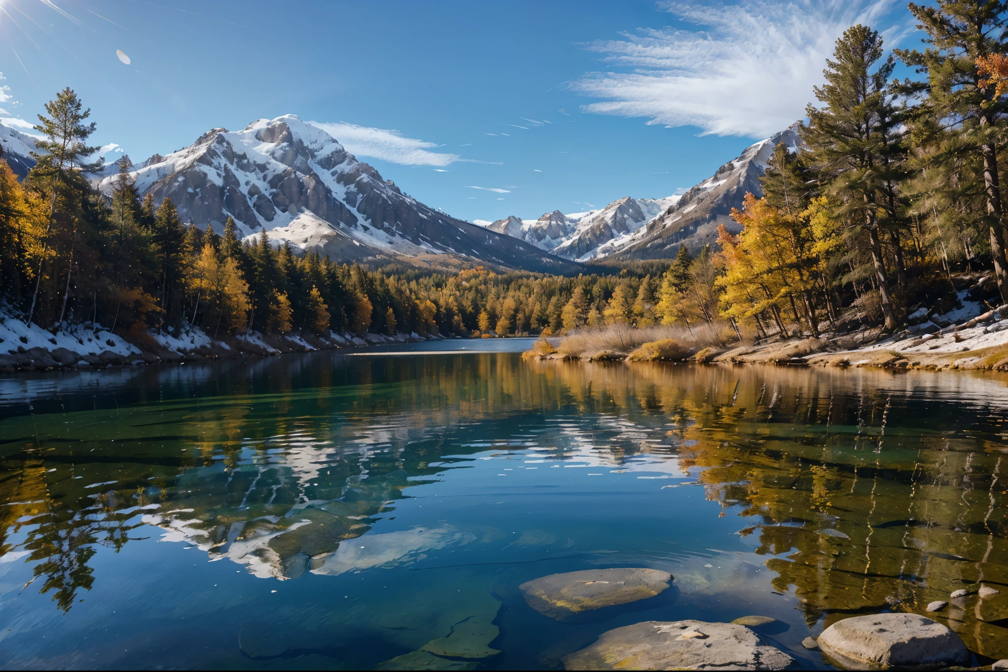 A crystal-clear mountain lake reflecting the snow-capped peaks above, with sunlight filtering through the leaves of autumn trees lining the shore. Capture the water's ripples and the vibrant colors of the foliage.