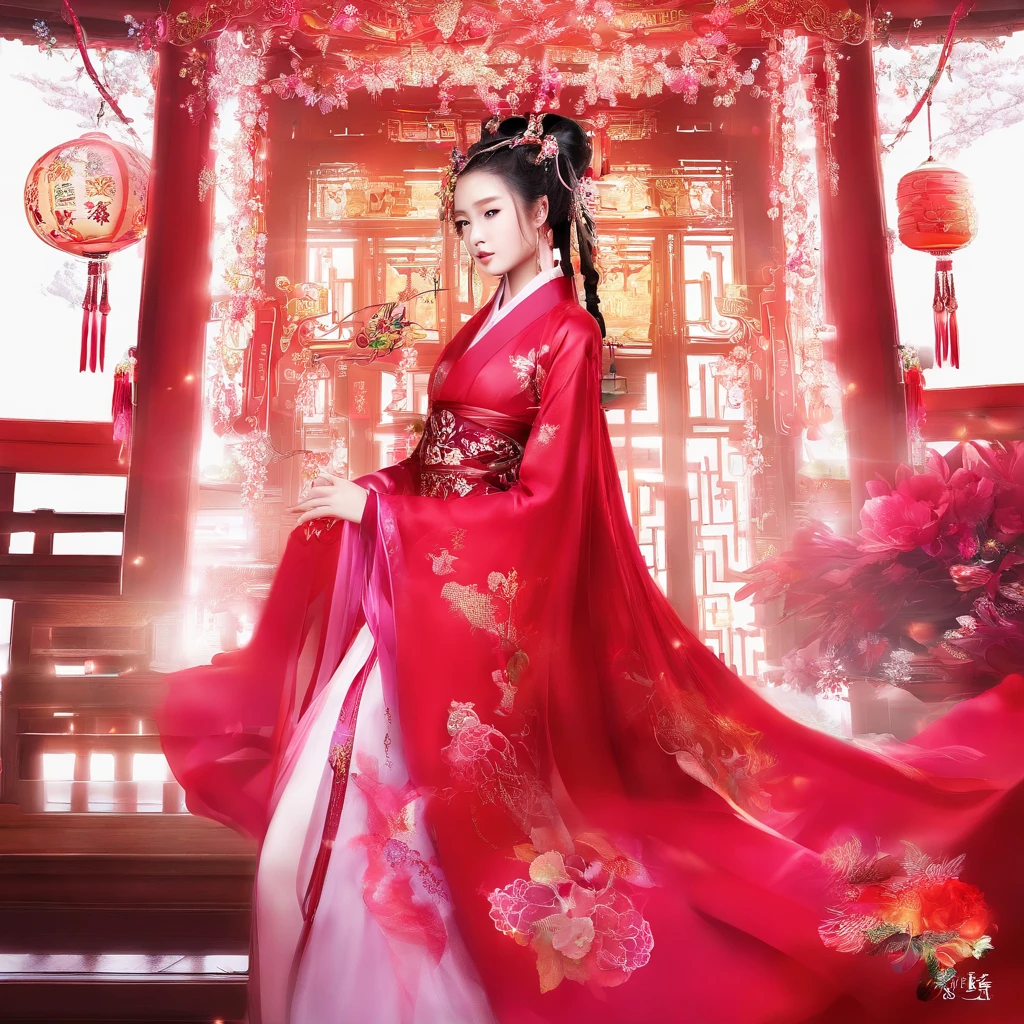 （（高Image Quality、Image Quality、Image Quality、Extreme details、Masterpiece detail eye,dreamy effect））、火redThe ribbon flowes背景9.0（red）、Oriental Beauty（20 years old）、Oval face、red长发披肩（grace）、大red凤眼、red眼、Wearer Han Dynasty transparent clothes 1.0（red）、side、avatar（close up）、8k、The ribbon flowes（Wrap the whole body）、dance（Ribbon Style）、