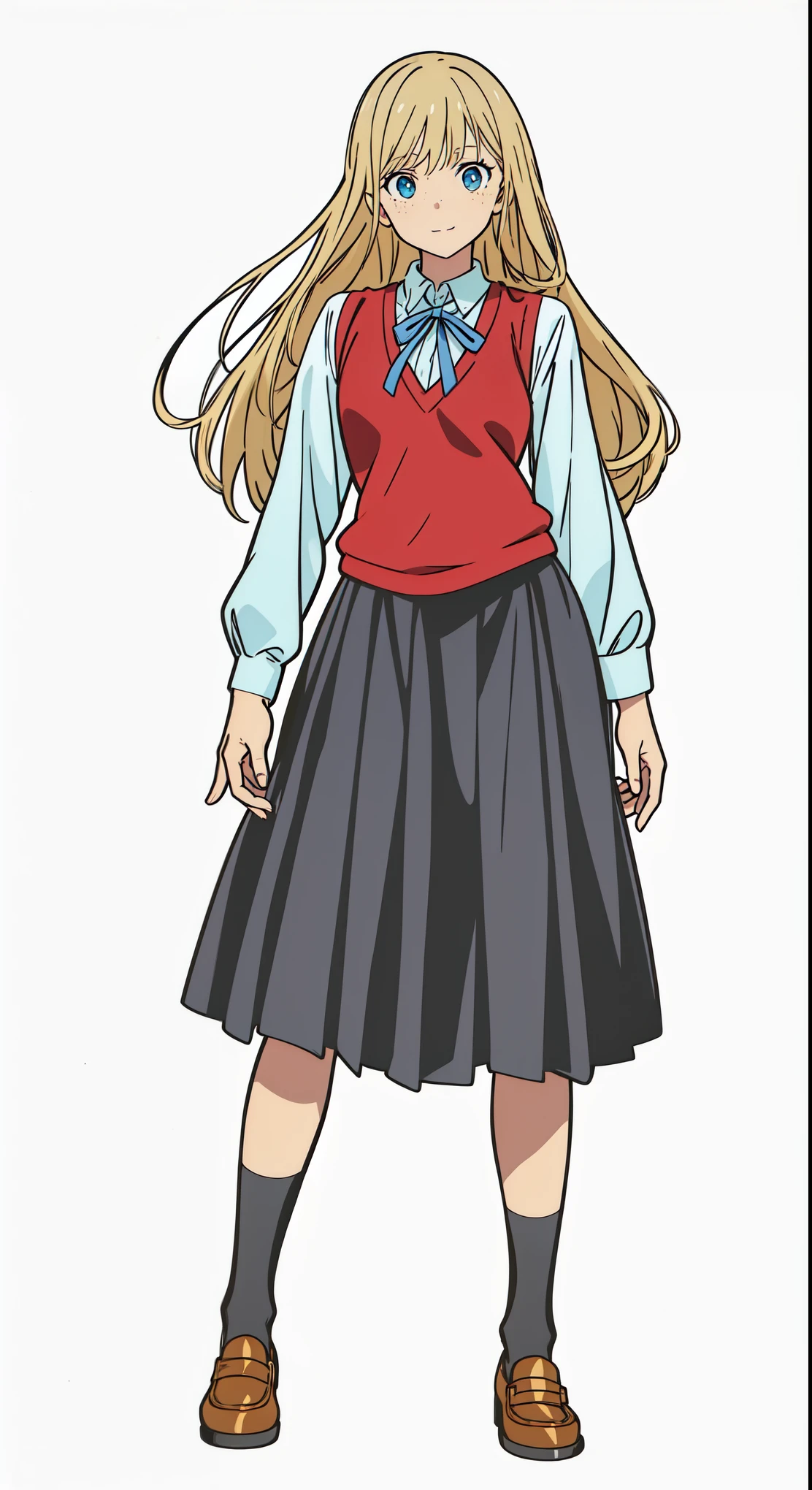 (best quality:1.0), (masterpiece:1.0), (super fine illustration:1.0), (beautiful artwork:1.0), (anime screencap:1.0), (official art:1.0), (european:1.0), (cheerful:1.0), (white background:1.0), (best quality:1.0), (masterpiece:1.0), (super fine illustration:1.0), (beautiful artwork:1.0), (anime screencap:1.0), (official art:1.0), (solo:1.0), (european:1.0), (a 18yo cute girl:1.0), (long skirt:1.0), (black skirt:1.0), (pleated skirt:1.0), (red knit vest:1.0), (white long sleeve collared shirt:1.0), (blue neck ribbon:1.0), (loafers:1.0), (black socks:1.0), (ideal ratio body proportions:1.0), (lanky:1.0), (tall:1.0), (slender:1.0), (small breasts:1.0), (smaller face:1.0), (tareme:1.0), (freckles:1.0), (detailed beautiful eyes:1.0), (detailed beautiful face:1.0), (glowing blue eyes:1.0), (long hair:1.0), (swept bangs:1.0), (blonde hair:1.0), (standing:1.0), (looking at viewer:1.0)
