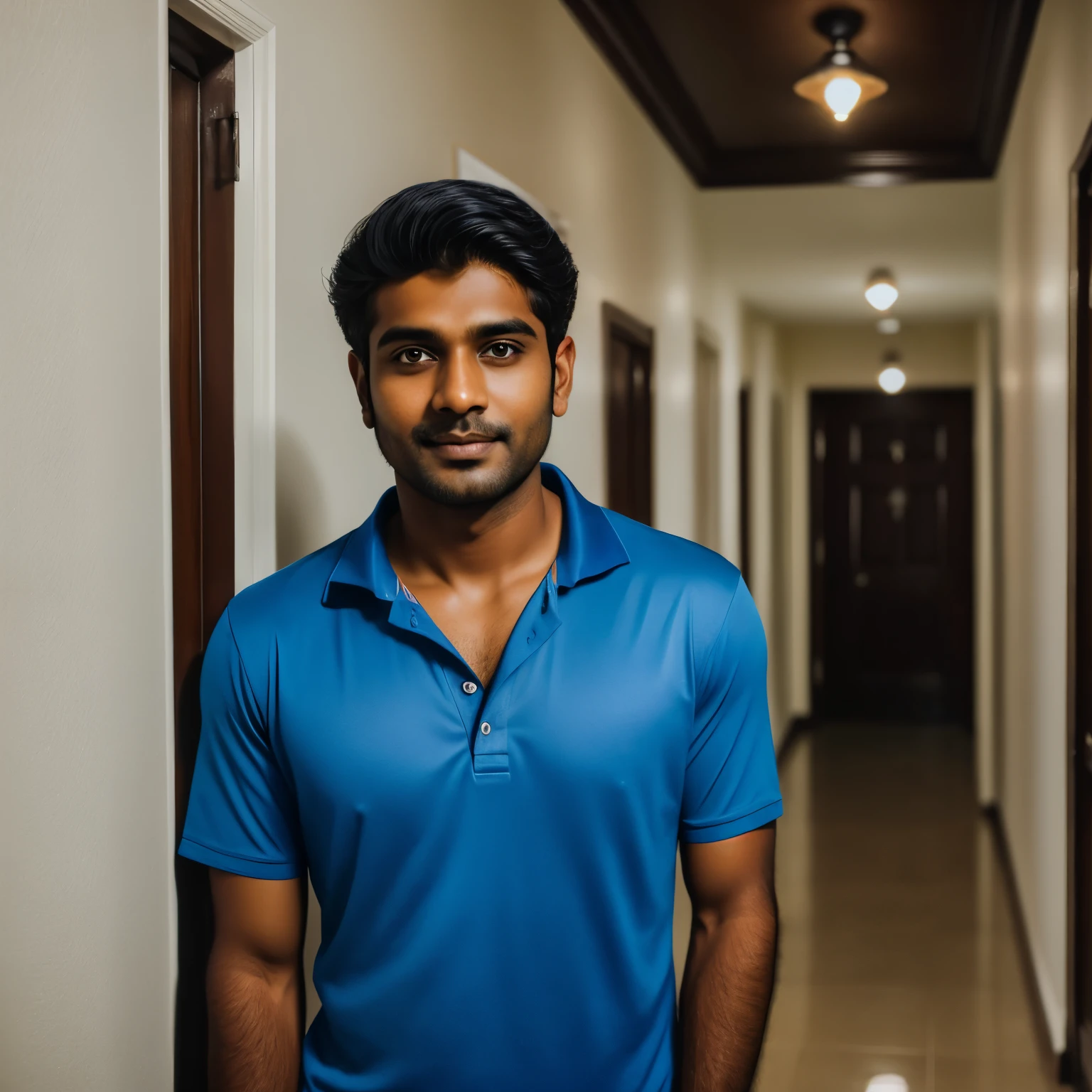 Portrait of handsome indian man in the hallway, Night, Blue shirt, Brown hair