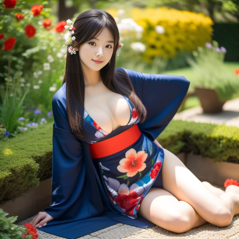 1 girl,His long hair flowed up., The sun shines brightly.,  Supports large, bare breasts, open sexy legs, flower garden, Red, black, dark blue, traditional kimono,, Masterpiece, best quality, Highly detailed 16k,  Take photos with a high quality camera 45,000,000 pixels