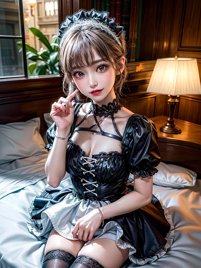 (8K, Photorealistic, Raw photo, of the highest quality: 1.3), (1girl in), Super beautiful, (Realistic face), (boyish, Silver Color Berry Shorthair), Beautiful , Glare that captivates the viewer, Beautiful expression, Beautiful breasts, (Realistic skin), Be...Super high quality, super high definition, super detailed, masterpiece, 20years old, female, cute, perfect face, beautiful, nice body, gothic ta clothes, gothic loliashion, frilly skirt, headdress, necklace, bracelet, knee-high socks, boots, double eyelids, tear bags, Detailed down to the fingers, photo-like description, indoors, dim indoor lighting, black hair, pony tail, standing, whole body, composition that shows the whole body, smiling,Even the fingers are clearly depicted