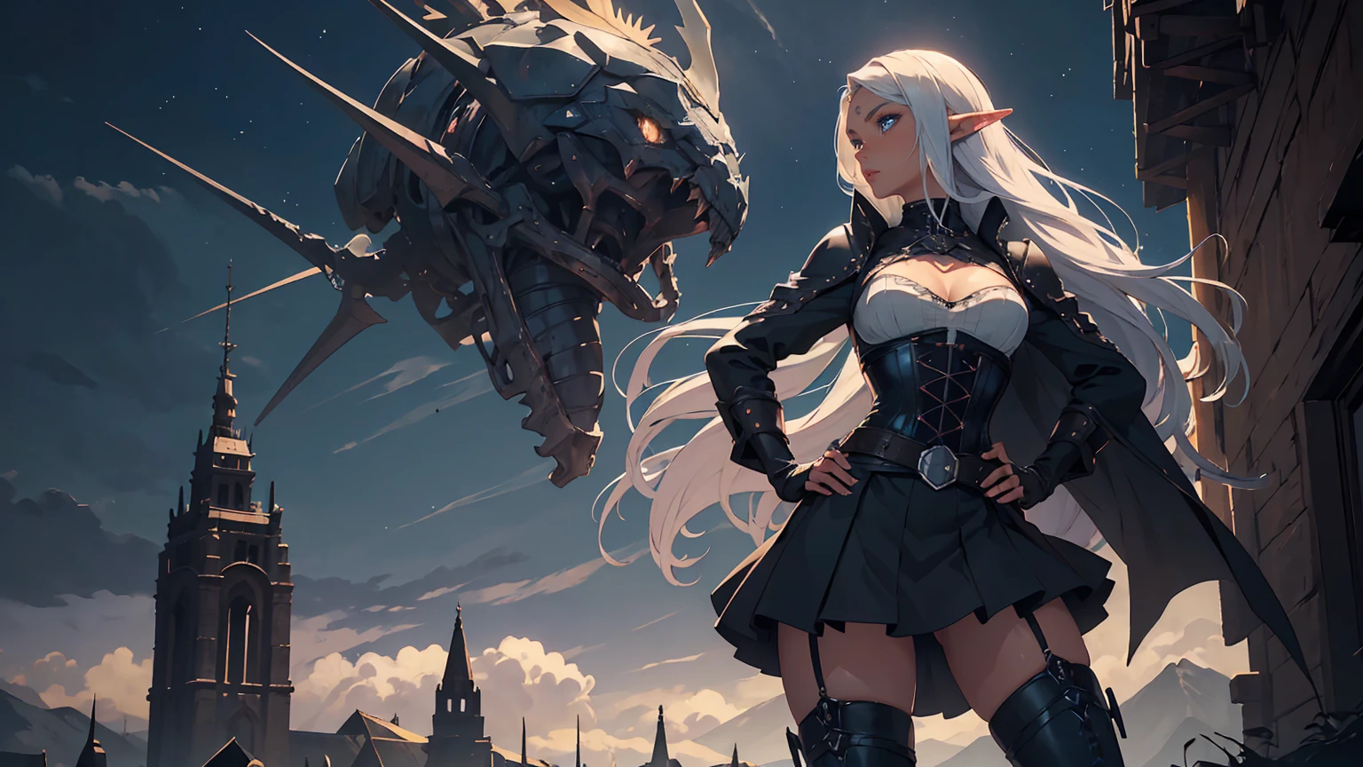 masterpiece, high quality, 1_woman, ((upper body)), ((hand on hip)), standing, (exotic skin_complexion:1.4), mature, (looking away from the viewer), (BLUSHING face), tall, beautiful, exotic, with long elf ears, long hair, silver hair, detailed face, having diamond shaped eyes, blue eyes, (dark_eyeliner), long_eyelashes medium_bust, wearing fantasy corset, chest window, (black skirts), crossing belts, long fingerless_gloves, belts with metal gears, black thigh highs with embroidery, knee boots with laces, dynamic lighting casts detailed shadows, mountains in distance, walking path, grassy field, night sky, stars, 