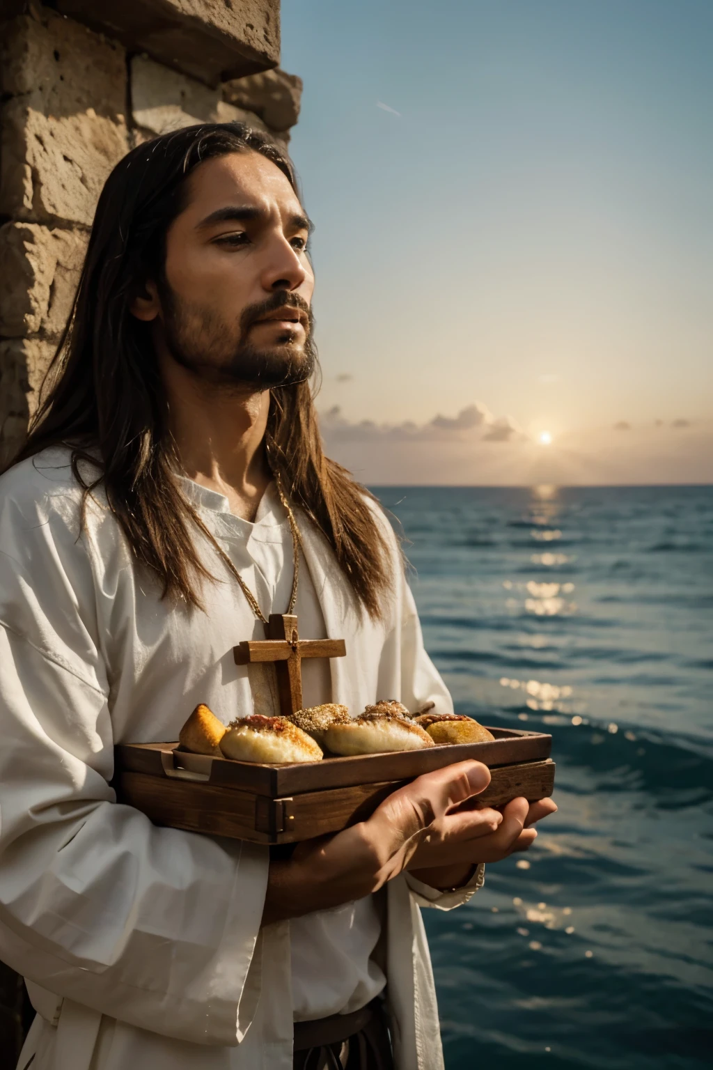 No centro da imagem, Jesus holding the loaves and fish, looking to the sky in prayer or blessing food. Your face must convey serenity and confidence.