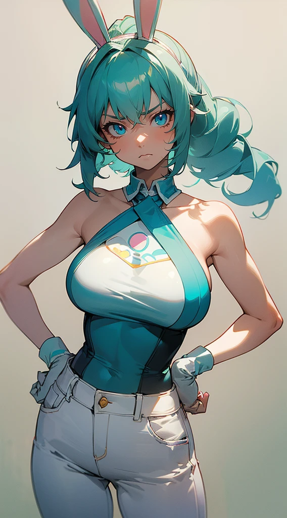 Beautiful woman , curly hair , teal hair , hair in a ponytail , blue eyes , pale skin , ((white bunny ears:1.2)), large breast, age 33, 

Standing with hands on hips , angry expression, dynamic shot , scene from an anime , Seinen anime . 

Wearing wearing a white halter top , jeans , 

(masterpiece, best quality:1.3),beautiful detailed glow,best illuminate,(((best quality,textile shading,ultra detailed))),extremely detailed CG unity 8k wallpaper,Highly Detailed beautiful and aesthetic,best light,high resolution,detailed,dynamic lighting , 1Character ,  pastel washed out colors , cell shade , soft, muted shades ,gentle colors ,