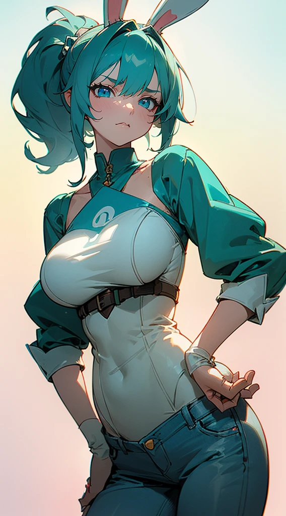 Beautiful woman , curly hair , teal hair , hair in a ponytail , blue eyes , pale skin , ((white bunny ears:1.2)), large breast, age 33, 

Standing with hands on hips , angry expression, dynamic shot , scene from an anime , Seinen anime . 

Wearing wearing a white halter top , jeans , 

(masterpiece, best quality:1.3),beautiful detailed glow,best illuminate,(((best quality,textile shading,ultra detailed))),extremely detailed CG unity 8k wallpaper,Highly Detailed beautiful and aesthetic,best light,high resolution,detailed,dynamic lighting , 1Character ,  pastel washed out colors , cell shade , soft, muted shades ,gentle colors ,