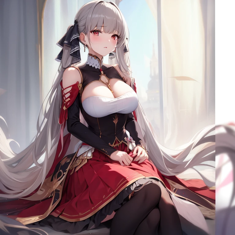 (masterpiece, Best quality1.2),illustration,8K,HD,1 Girl,Solitary,(portrait:1.2),long_hair,Large target_breast,Red_Eye,Very_long_hair,Bangs,Double tail,Ribbon,grey_hair,cleveage,hair_Ribbon,Two-color_Ribbon,between_breast,Black_skirt,skirt,Ruffles,only_Shoulder,Ruffles的_skirt,long_sleeve,Two-color_skirt,Jewelry,earrings,