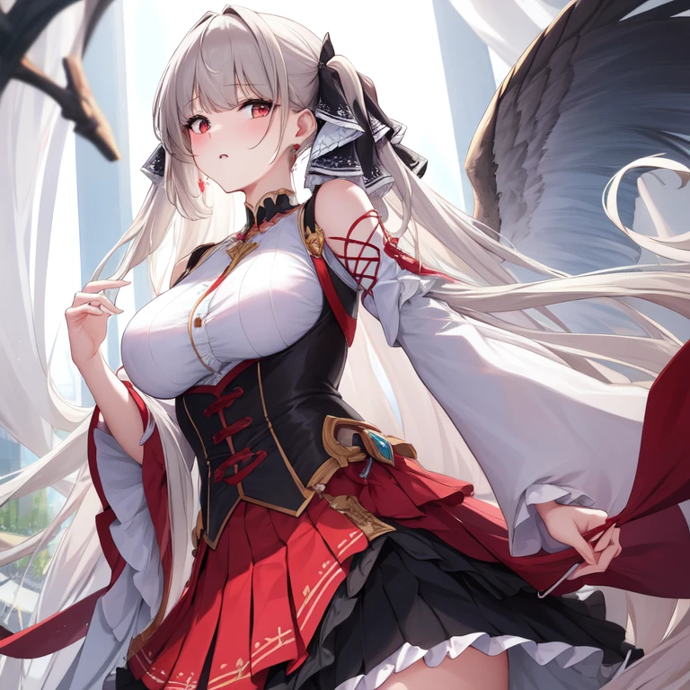 (masterpiece, Best quality1.2),illustration,8K,HD,1 Girl,Solitary,(portrait:1.2),long_hair,Large target_breast,Red_Eye,Very_long_hair,Bangs,Double tail,Ribbon,grey_hair,cleveage,hair_Ribbon,Two-color_Ribbon,between_breast,Black_skirt,skirt,Ruffles,only_Shoulder,Ruffles的_skirt,long_sleeve,Two-color_skirt,Jewelry,earrings,