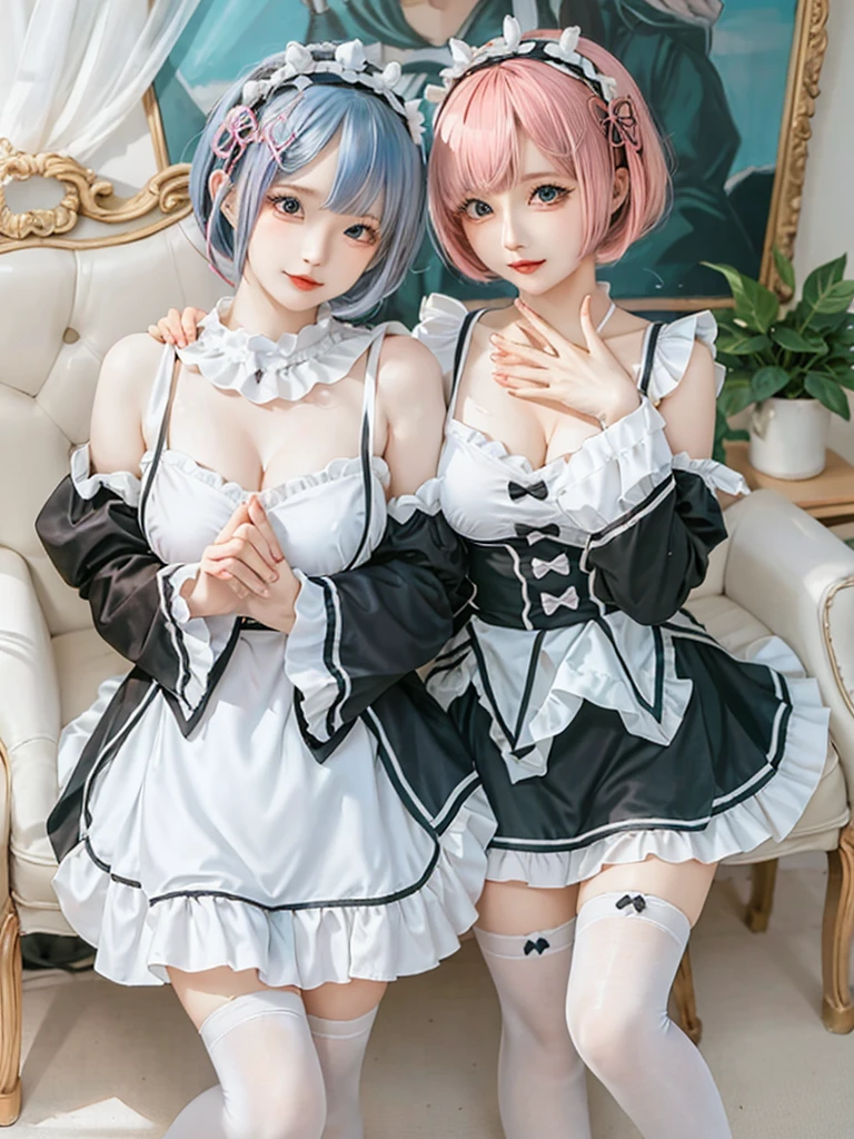 Accurate depiction with high resolution,(8K, Photorealistic, Raw photo, of the highest quality: 1.3), (1girl in), Super beautiful, (Realistic face), (boyish, pink Color Berry Shorthair), Beautiful , Glare that captivates the viewer, Beautiful expression, Beautiful breasts, (Realistic skin), Be...Create a detailed and colorful image of Ram and Rem from Re:Zero, standing back-to-back in their maid outfits, with a magical fantasy background、14years old, two girls,cute, perfect face, beautiful, nice body, gothic lolita clothes, gothic lolita fashion, frilly skirt, headdress, necklace, bracelet, knee-high socks, boots, double eyelids, tear bags, Detailed down to the fingers, photo-like description, indoors, dim indoor lighting, one girl is pink hair and short bob, another girl is light blue hair and short bob,standing,whole body, composition that shows the whole body, smiling,The Both of them are wearing the same type of maid outfit,Even the fingers are clearly depicted