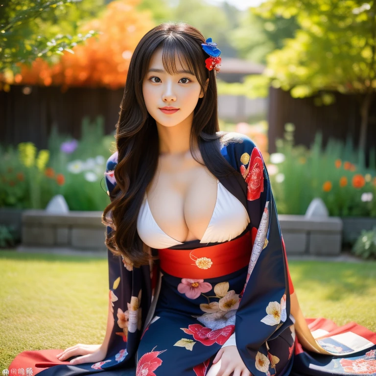 1 girl,His long hair flowed up., The sun shines brightly., Supports large, bare breasts, Open sexy black hairy legs, flower garden, Red, black, dark blue, traditional kimono,, Masterpiece, best quality, Highly detailed 16k, Take photos with a high quality camera 45,000,000 pixels