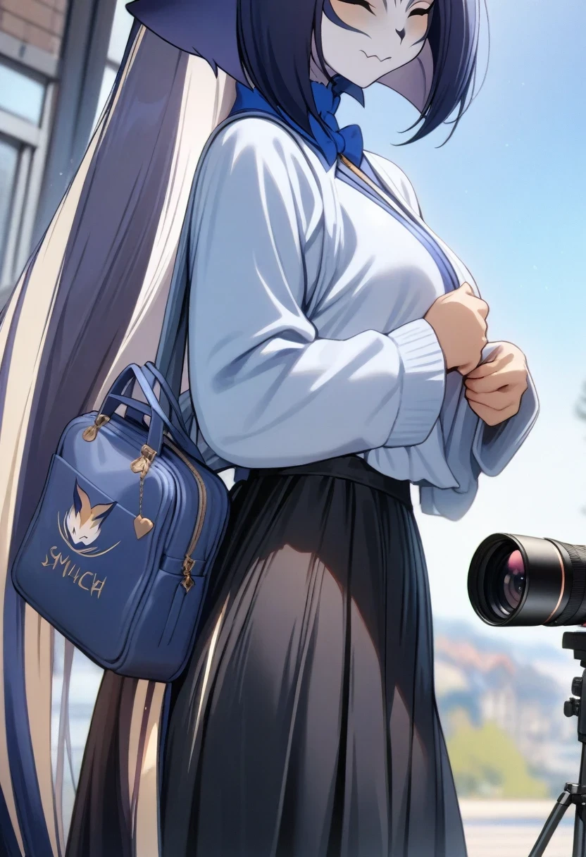 (shylily/(Twich/):1.5),(masterpiece:1.2),(best quality:1.2),masterpiece, (detailed, High resolution, best quality), 1 Girl, , Long sleeve, Black skirt, , bag, Blue bow, Telephoto shooting, like, Section view