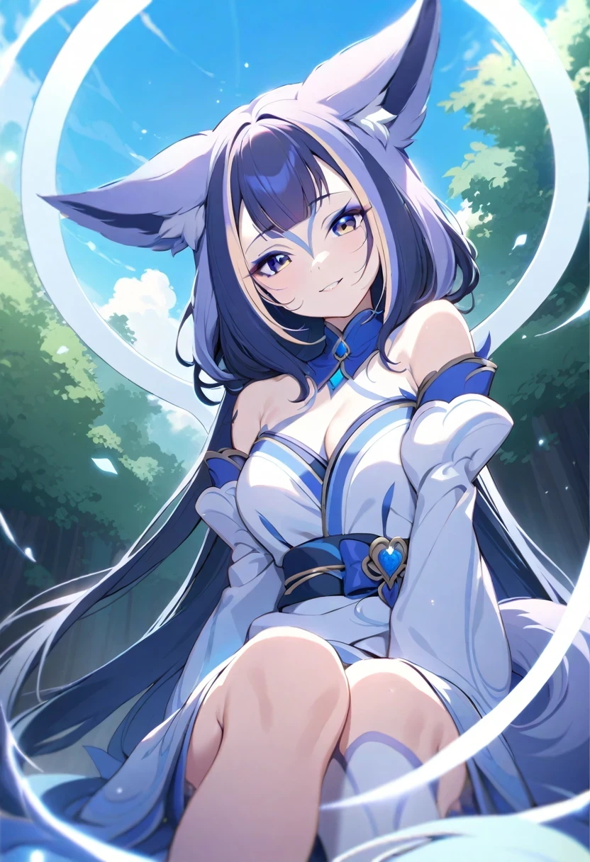 (shylily/(Twich/):1.5),(masterpiece:1.2),(best quality:1.2),A woman (Familiar face) Wear the magic symbols of the shining forest, Clear skies, Delicate swirls and perfect wind: FOG, Fox ears, Fox Tail, Bushy Tail, Clear skies, Japanese Forest Mystery, A lovely fantasy world of quiet beauty and smiles, dignity, Celestia, as well as light green and silver shades.