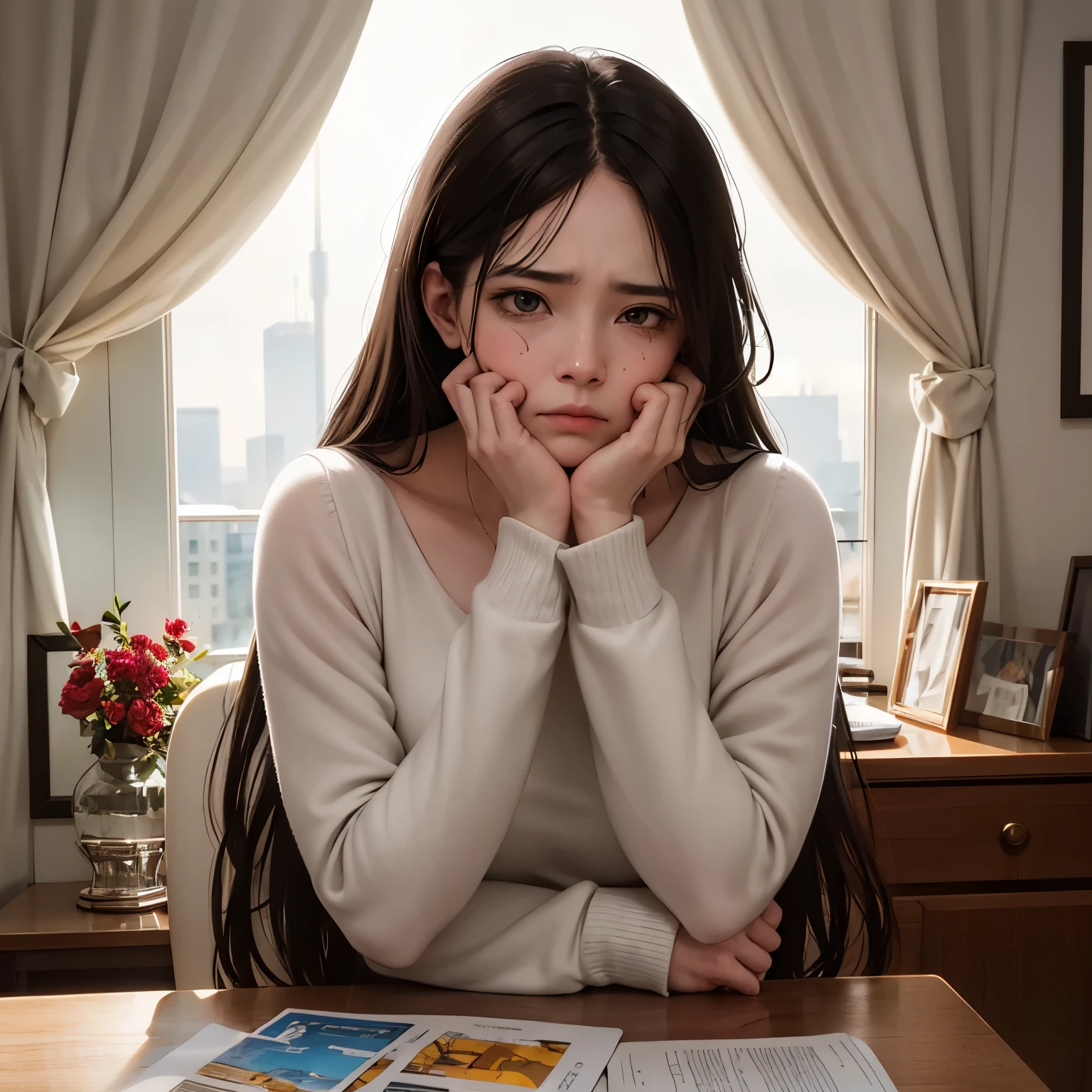 A sad woman with emotional dependence who cannot get out of a relationship that hurts her with her partner.
