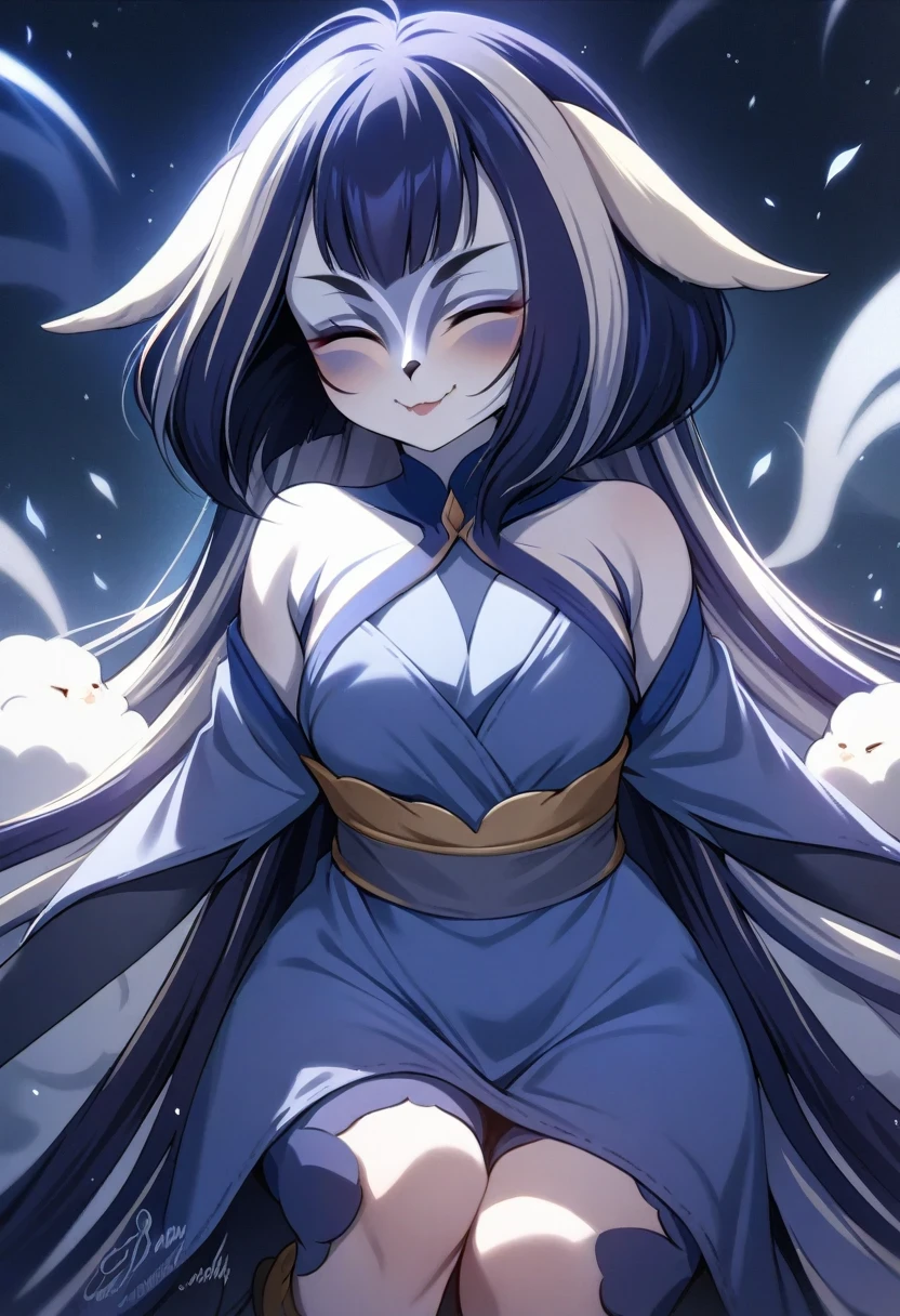 (shylily/(Twich/):1.5),(masterpiece:1.2),(best quality:1.2),A fox girl in a blue dress walks in a Japanese park, long hair, Looks sleepy, night, Served with nine kinds of fox syrup