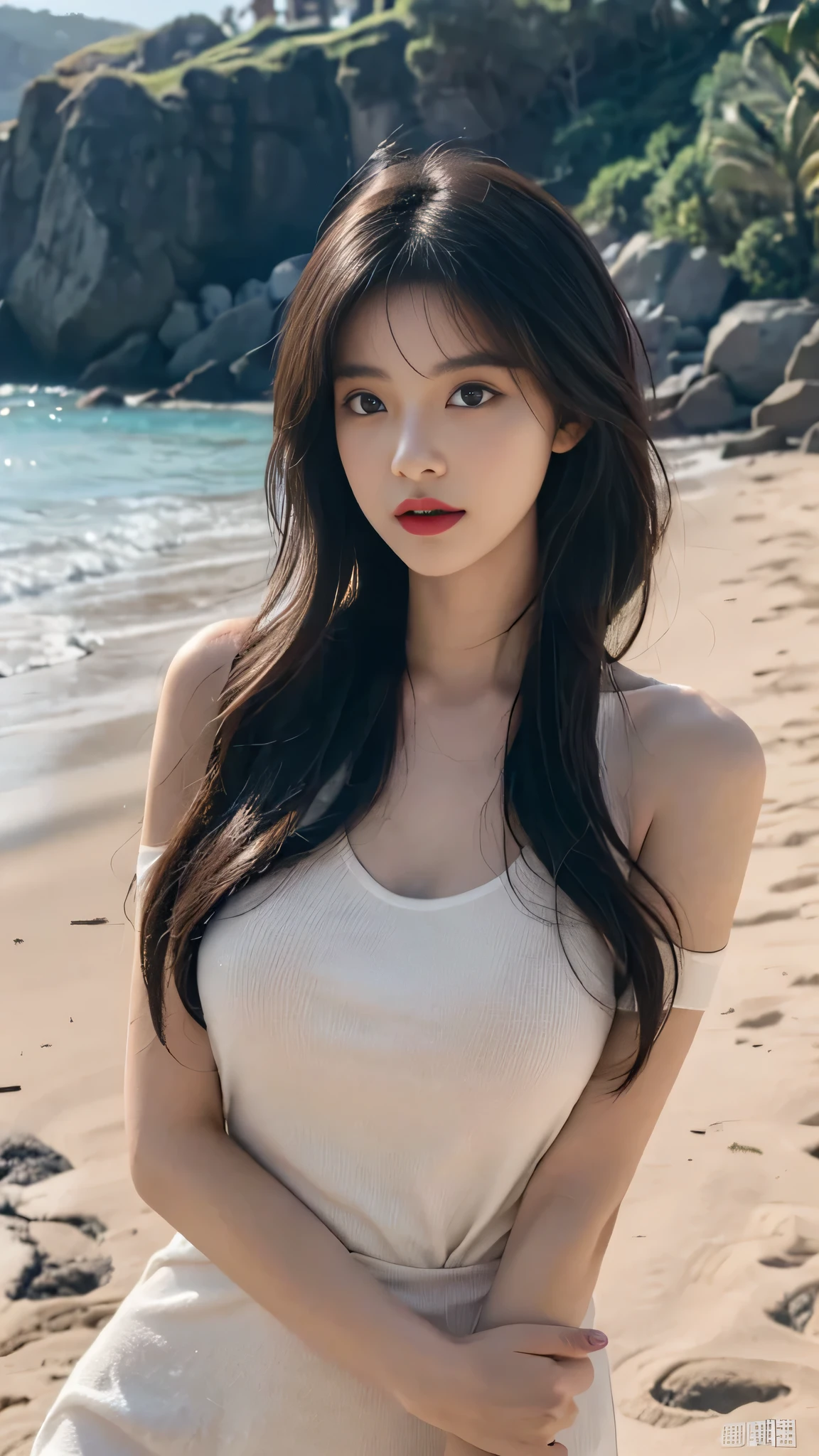 best quality,masterpiece,ultra high resolution,(actual:1.4),original photo,ultra high definition，8k，A perfect young female，in the dark，High picture quality，Black hair，Long hair flowing over the shoulders，Beach wave hairstyle，Hydrated red lips，Real Human，CG rendering