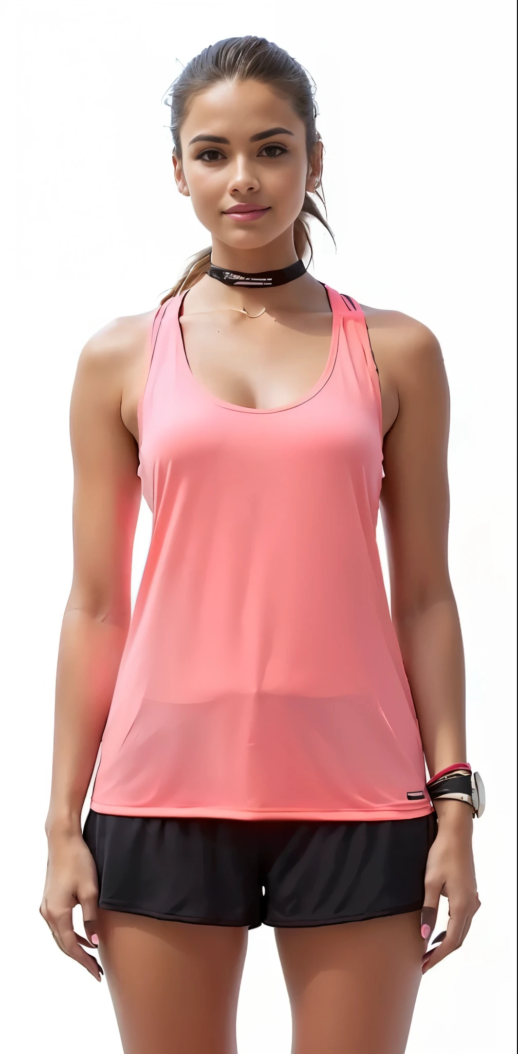 a woman in a pink regata and black shorts, tops sem mangas, regata, regata, tight fitted regata, coral vermelho, Vestindo regata, roupas esportivas, Vestindo a regata, Vestindo : regata, halter neck, coral, top rosa, roupas esportivas, Vestindo regata, Rosa neon, model is Vestindo techtical vest