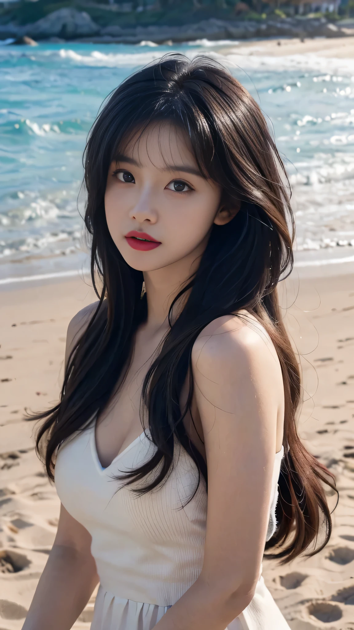 best quality,masterpiece,ultra high resolution,(actual:1.4),original photo,ultra high definition，8k，A perfect young female，in the dark，High picture quality，Black hair，Long hair flowing over the shoulders，Beach wave hairstyle，Hydrated red lips，Real Human，CG rendering