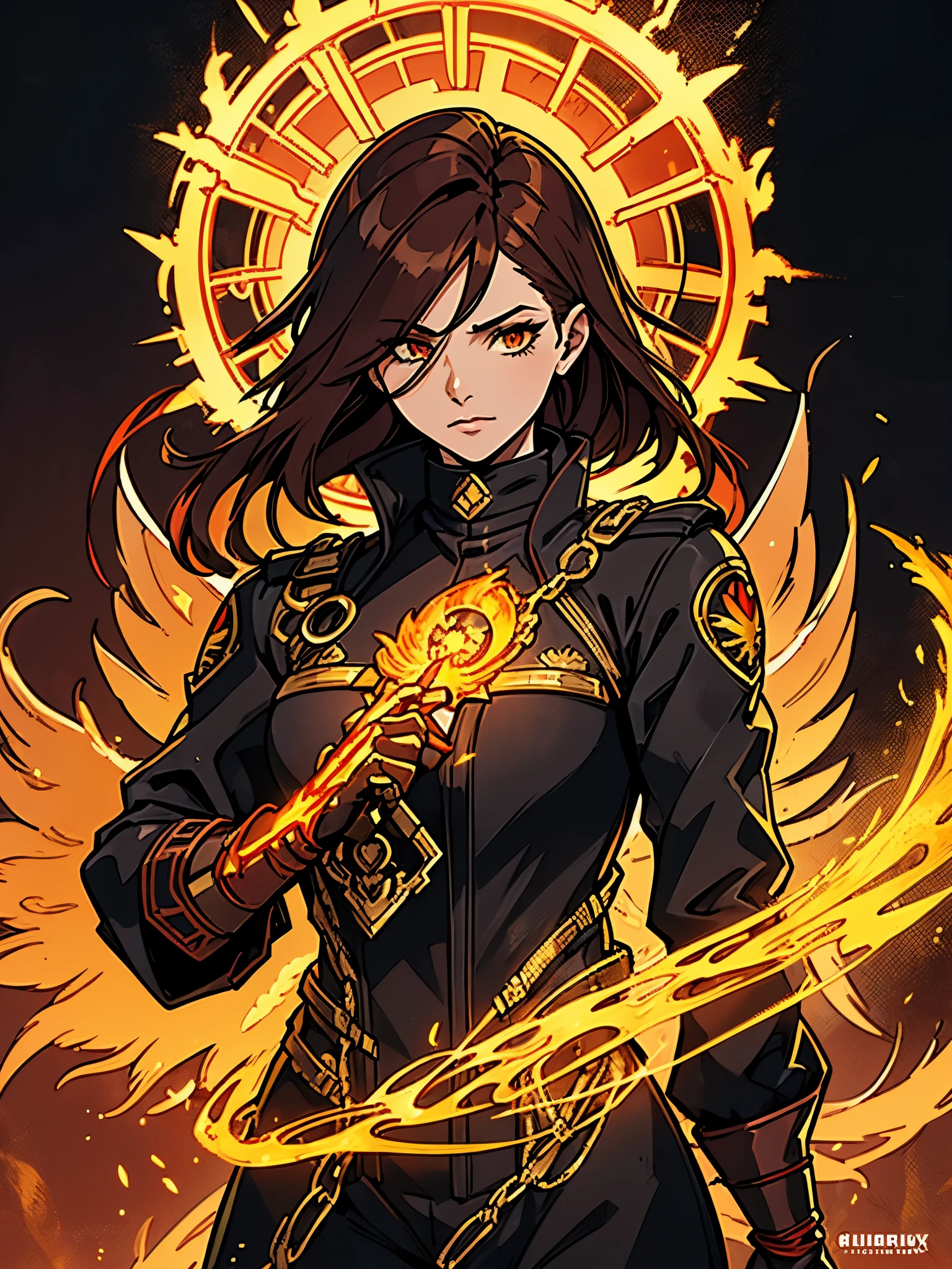 (upper body:1.3), 1girl,hoenix keeper, fireproof suit with a golden phoenix emblem, fire cage with obsidian bars, phoenix nest with shimmering golden feathers, talon gloves for handling the phoenix, fire ruby for feeding the phoenix,