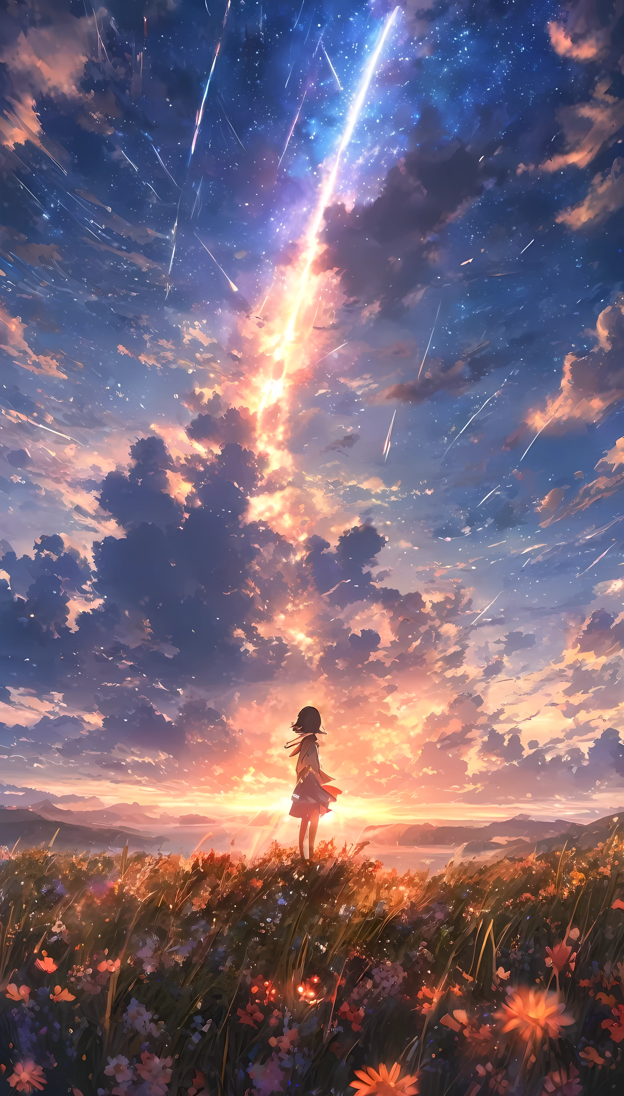 masterpiece, concept art, panoramic, centered, illustration, wide shot, 1girl, standing, cliff, flower field, night, (meteor shower), space galactic background, (epic composition, epic proportion), dynamic lighting, vibrant color, Makoto Shinkai, Kimi no Nawa inspired,