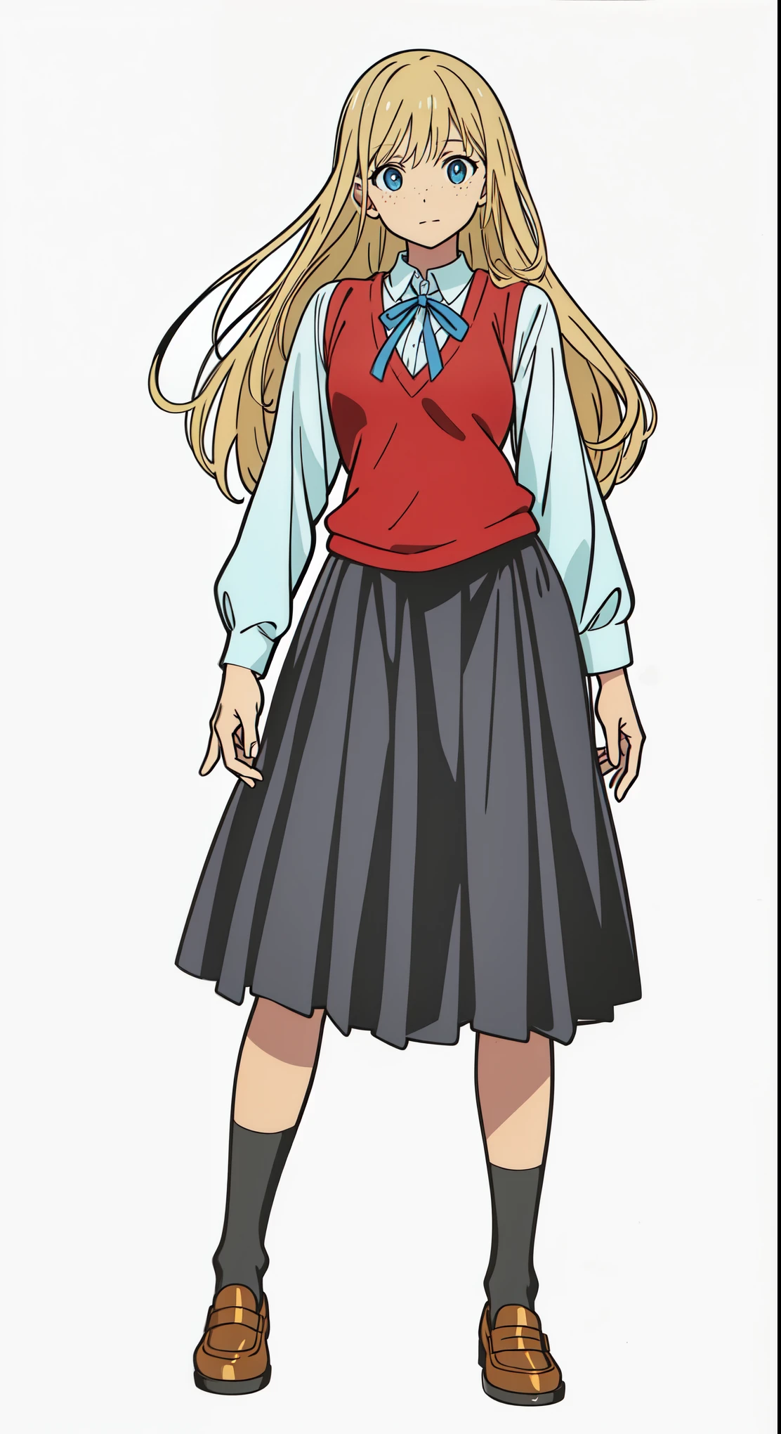 (best quality:1.0), (masterpiece:1.0), (super fine illustration:1.0), (beautiful artwork:1.0), (anime screencap:1.0), (official art:1.0), (european:1.0), (cheerful:1.0), (white background:1.0), (best quality:1.0), (masterpiece:1.0), (super fine illustration:1.0), (beautiful artwork:1.0), (anime screencap:1.0), (official art:1.0), (solo:1.0), (european:1.0), (a 18yo cute girl:1.0), (long skirt:1.0), (black skirt:1.0), (pleated skirt:1.0), (red knit vest:1.0), (white long sleeve collared shirt:1.0), (blue neck ribbon:1.0), (loafers:1.0), (black socks:1.0), (ideal ratio body proportions:1.0), (lanky:1.0), (tall:1.0), (slender:1.0), (small breasts:1.0), (smaller face:1.0), (tareme:1.0), (freckles:1.0), (detailed beautiful eyes:1.0), (detailed beautiful face:1.0), (glowing blue eyes:1.0), (long hair:1.0), (swept bangs:1.0), (blonde hair:1.0), (standing:1.0), (looking at viewer:1.0)