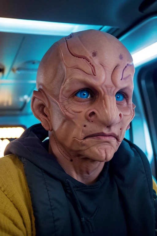 Foto de cabeza de un hombre kelpien., calvo, extraterrestre, blue eyes, vistiendo de amarillo voyunfm, interior de la nave estelar, Sharp focus,