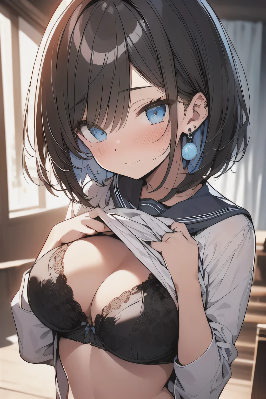 (best quality), (Super detailed), (Best Illustration), (masterpiece), score_9, score_8_up, score_7_up, 4k, 
upper body, (1woman), solo, {(white serafuku), (clothes lift:1.2), (show off black bra)}, (hands on own chest), (large breasts:1.2), {brown hair, (sideburns), (bob cut:1.3), curly hair, hairs between eyes, colored inner hair}, {(detailed eyes), blue eyes}, nose blush, (dot mouth:1.2), earring,