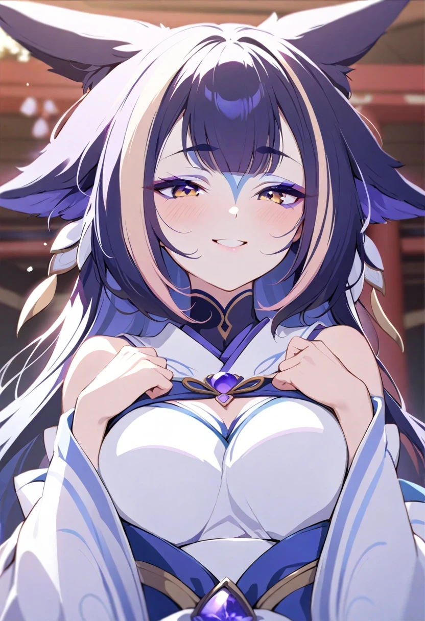 (shylily/(Twich/):1.5),(masterpiece:1.2),(best quality:1.2),Shrine maiden, 1 Girl, \n/, Animal ears, Bare shoulders, blush, breast, 樱flower, Shut up, Separate sleeves, earrings, flower, Fox ears, gem, Hair between the eyes, Hair accessories, hands up, Japanese clothes, Jewelry, kimono, long hair, looking at the audience, medium breast, Shrine maiden, nontraditional Shrine maiden, pink flower, purple gemstone, short kimono, Side lock, Smile, Solitary, Upper Body, white kimono, ((masterpiece))