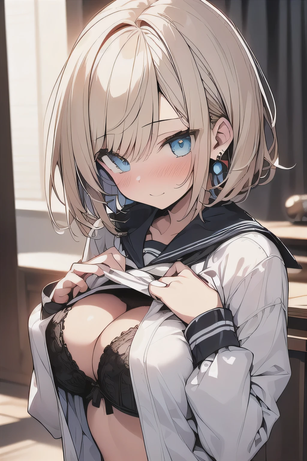 (best quality), (Super detailed), (Best Illustration), (masterpiece), score_9, score_8_up, score_7_up, 4k,
upper body, (1woman), solo, {(white serafuku), (clothes lift:1.2), (show off black bra)}, (hands on own chest), (large breasts:1.2), {brown hair, (sideburns), (bob cut:1.3), curly hair, hairs between eyes, colored inner hair}, {(detailed eyes), blue eyes}, nose blush, (dot mouth:1.2), earring,