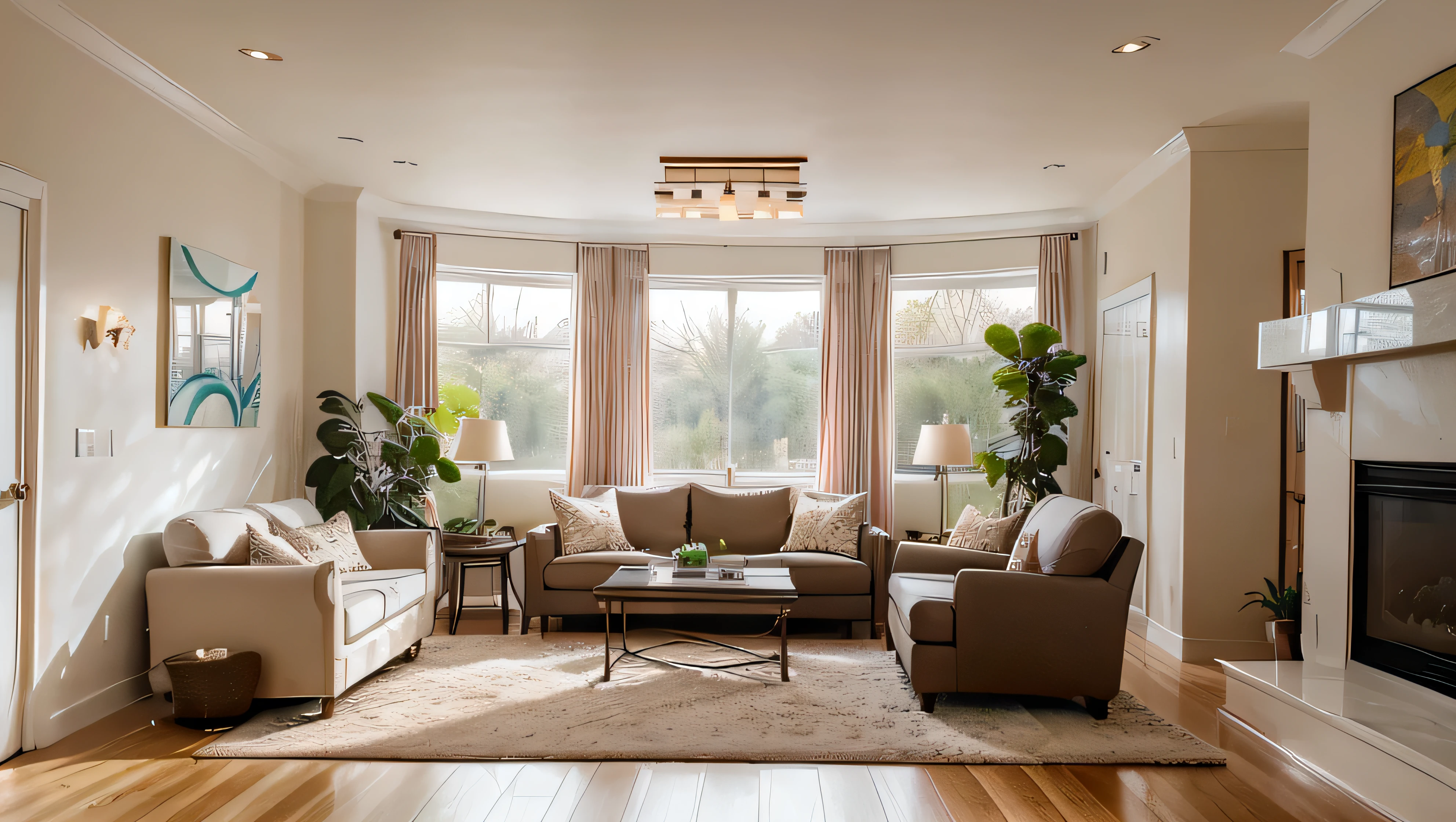 As you step into the modern living room, you are immediately enveloped in a warm and inviting ambiance. The walls are adorned with stunning pink paintings, adding a pop of color to the sleek and contemporary space. A plush pink sofa sits in the center of the room, inviting you to sink into its soft cushions and relax.
The furniture in the room is modern and stylish, with clean lines and sleek finishes. A giant high-resolution TV hangs on the wall, perfect for cozy movie nights or binge-watching your favorite shows. Portraits of loved ones adorn the walls, adding a personal touch to the space.
Large windows flood the room with natural light, creating a bright and airy atmosphere. Floor-to-ceiling curtains frame the windows, adding a touch of elegance and sophistication to the room. A luxurious carpet covers the floor, providing a soft and comfortable surface to walk on.
Modern artwork adorns the walls, adding a touch of creativity and personality to the space. Stylish lighting fixtures illuminate the room, casting a warm and inviting glow. The overall mood of the room is calm and peaceful, perfect for unwinding after a long day.
With its vivid colors, unique decor, and large windows, this modern living room is a true sanctuary. It exudes comfort and tranquility, making it the perfect place to relax and recharge. Whether you're curling up with a good book or hosting friends for a cozy gathering, this inviting space is sure to impress.