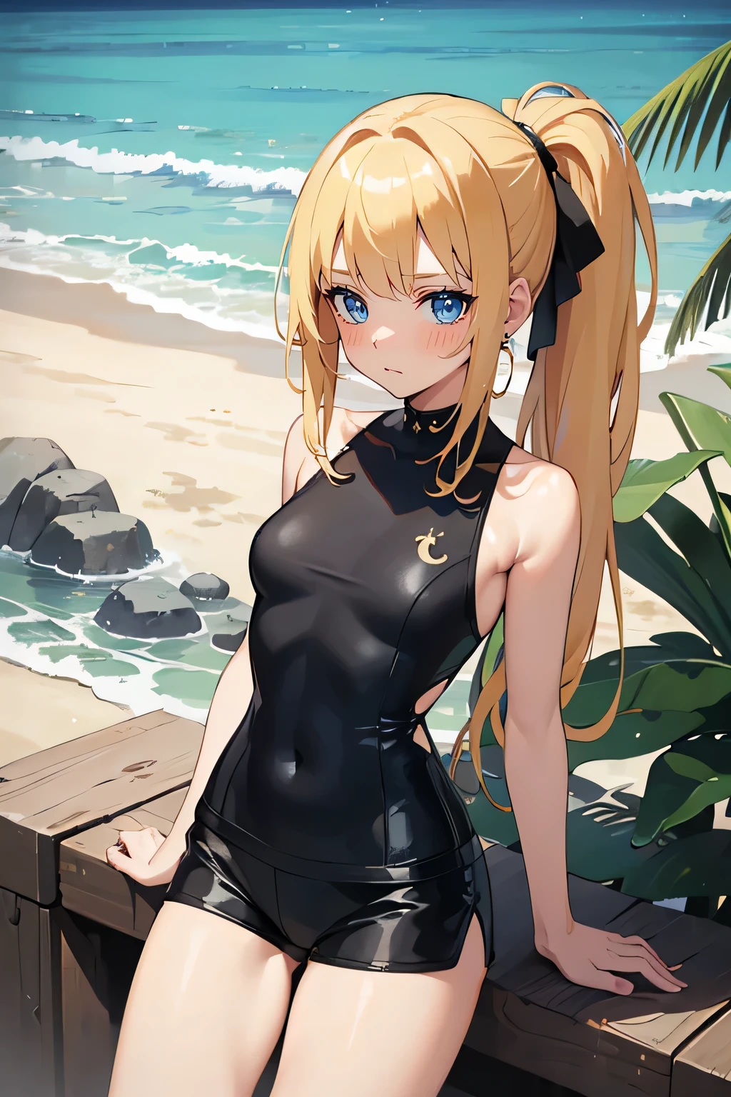 Safe for work, masterpiece, best quality, solo, 1 girl,   (young female body:1.4), ( medium breasts), slender legs, golden yellow hair, extra long hair, blunt bangs, crystal blue eyes, very detailed eyes, beach, standing, elegant, smiling, flustered,  cute girl, cowboy shot, completely black swimsuit, detailed eyes, expressive face, built in shorts, black modest swimsuit with shorts, voluminous ponytail, tankini, two piece bathing suit, tankini with long boy shorts, sleeveless