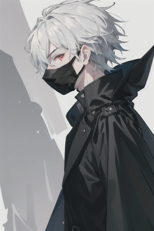 arafed boy wearing a Black Mask and a black shirt, Wearing a black mempo mask, Surgical mask covering mouth, wear mask, wear mask, Wearing a bandit mask, wear mask, Black Mask, an Aesthetic!,8K matte, Aesthetic!!, Profile picture 1024px,A handsome guy with white hair and red eyes,Wearing a black mask and a pair of fingerless gloves,Wearing a black trench coat,Draped in a black cape,Looking at the camera quietly