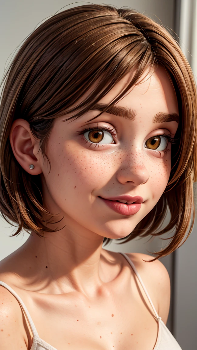 Ultra-realistic full-face, full-body photorealistic image of a 34-year-old goddess with a beautiful face, with deep brown eyes that captivate anyone who meets them. Her short brown hair falls gracefully, framing her face with elegance. Full lips paint a smile. His face is adorned with one or more spots, adding a touch of mystery and charm. Light freckles give a playful and natural look to your appearance, giving you an aura of freshness. Her beauty is a harmonious blend of unique and captivating features, making her irresistibly attractive.
