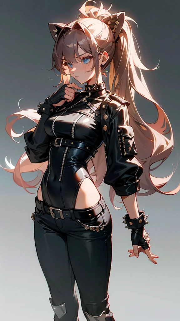 (masterpiece, best quality:1.3),beautiful detailed glow,best illuminate,(((best quality,textile shading,ultra detailed))),extremely detailed CG unity 8k wallpaper,Highly Detailed beautiful and aesthetic,best light,high resolution,detailed,dynamic lighting , 1Character , pastel washed out colors , cell shade , soft, muted shades ,gentle colors ,
She wears a black leather biker jacket adorned with spikes, silver studs, black denim skinny jeans with jagged tears, knee-high combat boots with metallic lion-shaped buckles, their laces adorned with silver studs, accentuated by a collection of punk-inspired accessories, including a studded leather choker, multiple silver rings, and fingerless leather gloves,
A stunning busty woman , extremely long hair , reddish brown hair , hair in pig tails , straight hair , baby blue eyes , large chest , ((wearing a tight dress)), age 34