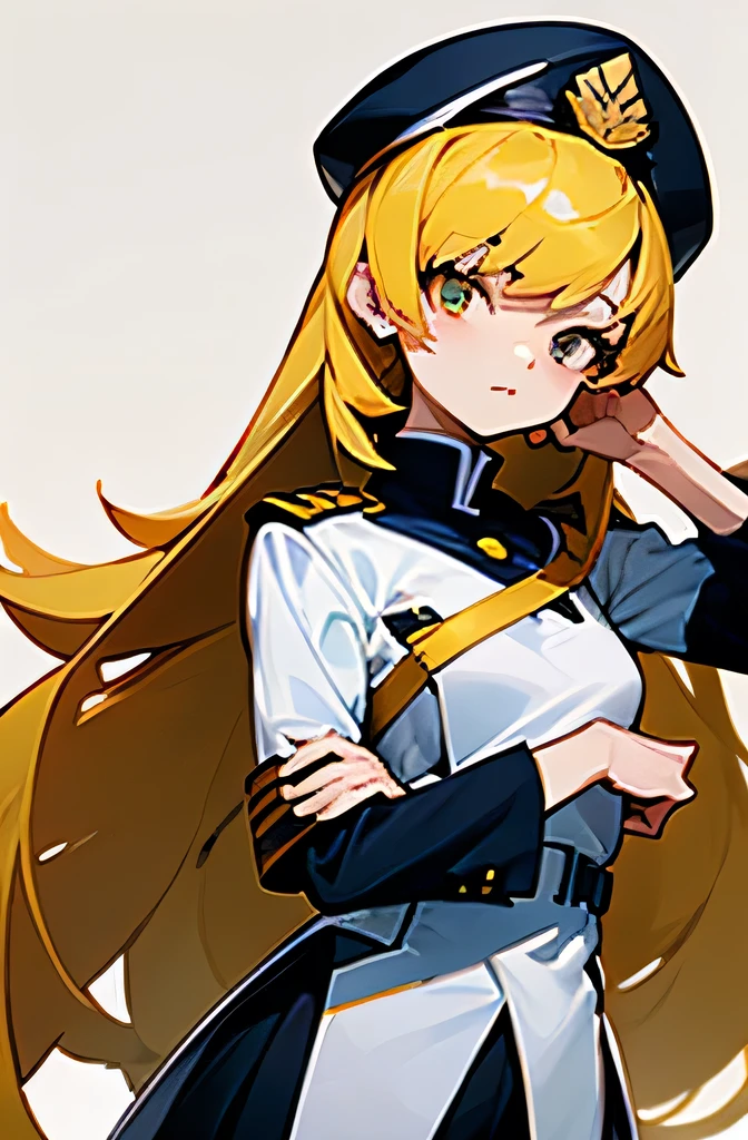 ((melhor qualidade)), ((Obra de arte)), (detalhado), shinobu oshino with long hair, cosplay with uniform and cap. Plano de fundo branco. SS on the arm and eagle on the cap.