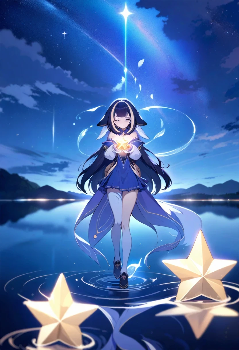 (shylily/(Twich/):1.5),(masterpiece:1.2),(best quality:1.2),girl, Solitary, Necklace, Hair between the eyes, Star \(symbol\), have, long hair, skirt, Double tail, Shining eyes, earrings, Jewelry, witch, Bangs, Black shoes, landscape, night Sky, Star \(Sky\), Starry Sky, night, outdoor, cloud, reflection, water, magic, Tarot, water magic, wizard, ((beautiful golden crystal Star))