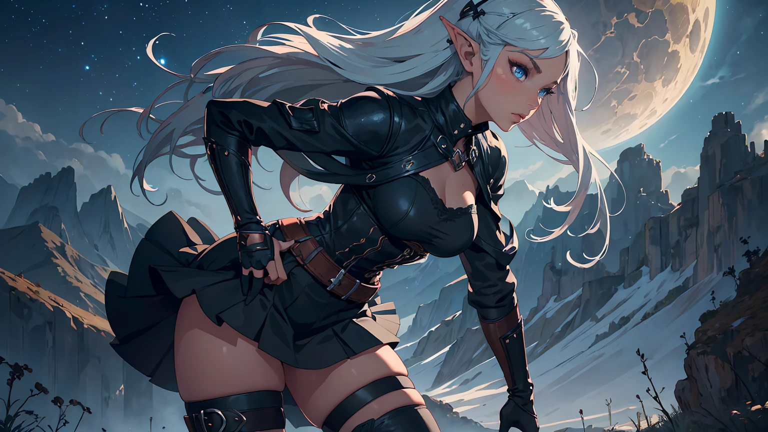 masterpiece, high quality, 1_woman, solo ((upper body)), ((hand on hip)), standing, (exotic skin_complexion:1.4), mature, (looking away from the viewer), (BLUSHING face), tall, beautiful, exotic, with long elf ears, long hair, silver hair, detailed face, having diamond shaped eyes, blue eyes, (dark_eyeliner), long_eyelashes medium_bust, wearing fantasy corset, chest window, (black skirts), crossing belts, long fingerless_gloves, belts with metal gears, black thigh highs with embroidery, knee boots with laces, dynamic lighting casts detailed shadows, mountains in distance, walking path, grassy field, night sky, stars,