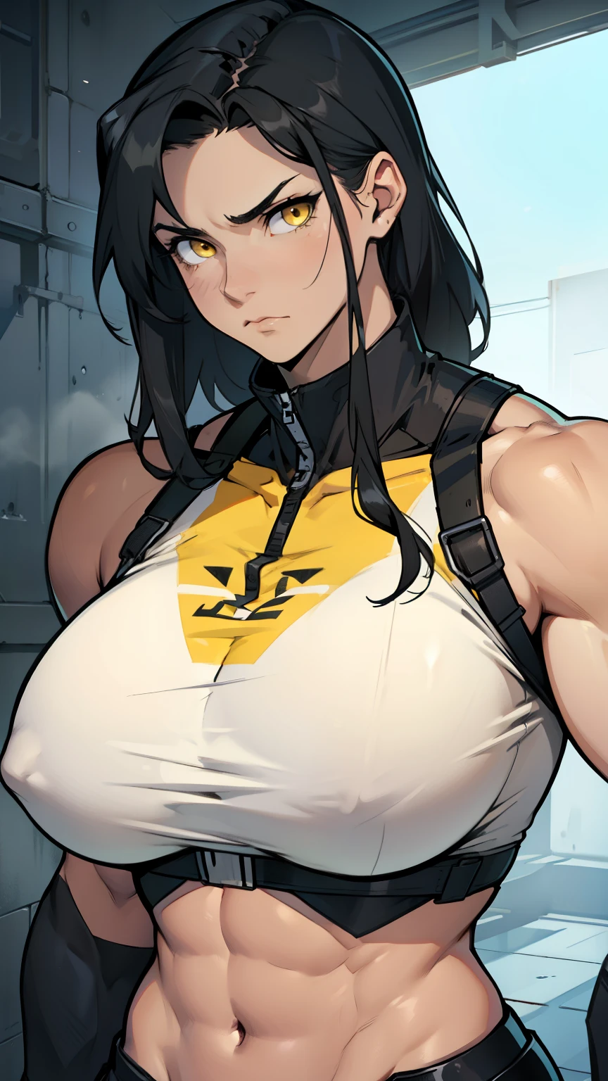 muscular muscular muscular huge breasts huge breasts huge breasts thick thick thick pale skin black hair yellow eyes sad