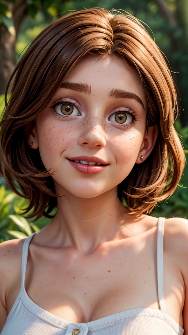 Ultra-realistic full-face, full-body photorealistic image of a 34-year-old goddess with a beautiful face, with deep brown eyes that captivate anyone who meets them. Her short brown hair falls gracefully, framing her face with elegance. Full lips paint a smile. His face is adorned with one or more spots, adding a touch of mystery and charm. Light freckles give a playful and natural look to your appearance, giving you an aura of freshness. Her beauty is a harmonious blend of unique and captivating features, making her irresistibly attractive.