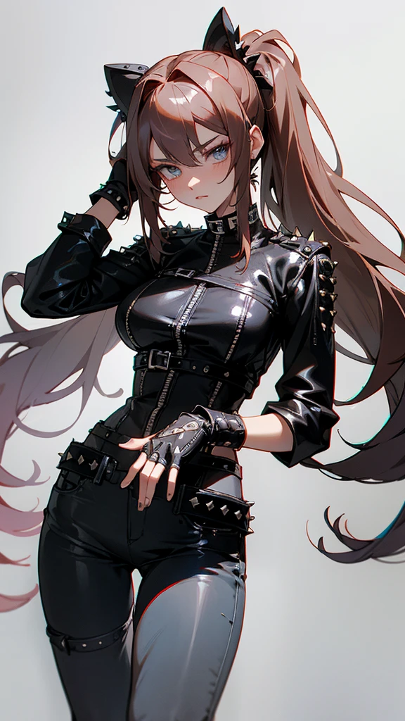 (masterpiece, best quality:1.3),beautiful detailed glow,best illuminate,(((best quality,textile shading,ultra detailed))),extremely detailed CG unity 8k wallpaper,Highly Detailed beautiful and aesthetic,best light,high resolution,detailed,dynamic lighting , 1Character , pastel washed out colors , cell shade , soft, muted shades ,gentle colors ,
She wears a black leather biker jacket adorned with spikes, silver studs, black denim skinny jeans with jagged tears, knee-high combat boots with metallic lion-shaped buckles, their laces adorned with silver studs, accentuated by a collection of punk-inspired accessories, including a studded leather choker, multiple silver rings, and fingerless leather gloves,
A stunning busty woman , extremely long hair , reddish brown hair , hair in pig tails , straight hair , baby blue eyes , large chest , ((wearing a tight dress)), age 34