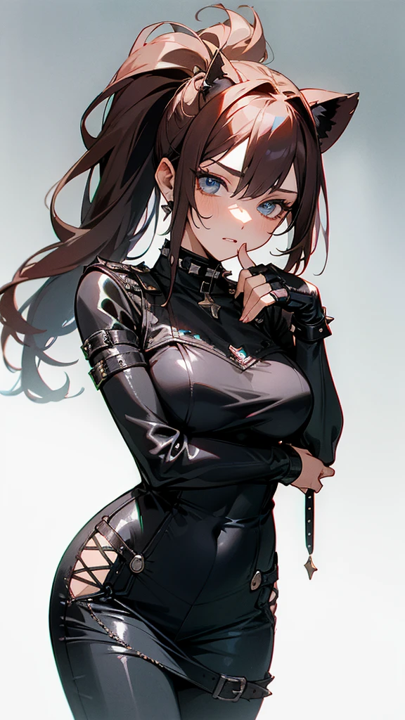 (masterpiece, best quality:1.3),beautiful detailed glow,best illuminate,(((best quality,textile shading,ultra detailed))),extremely detailed CG unity 8k wallpaper,Highly Detailed beautiful and aesthetic,best light,high resolution,detailed,dynamic lighting , 1Character , pastel washed out colors , cell shade , soft, muted shades ,gentle colors ,
She wears a black leather biker jacket adorned with spikes, silver studs, black denim skinny jeans with jagged tears, knee-high combat boots with metallic lion-shaped buckles, their laces adorned with silver studs, accentuated by a collection of punk-inspired accessories, including a studded leather choker, multiple silver rings, and fingerless leather gloves,
A stunning busty woman , extremely long hair , reddish brown hair , hair in pig tails , straight hair , baby blue eyes , large chest , ((wearing a tight dress)), age 34