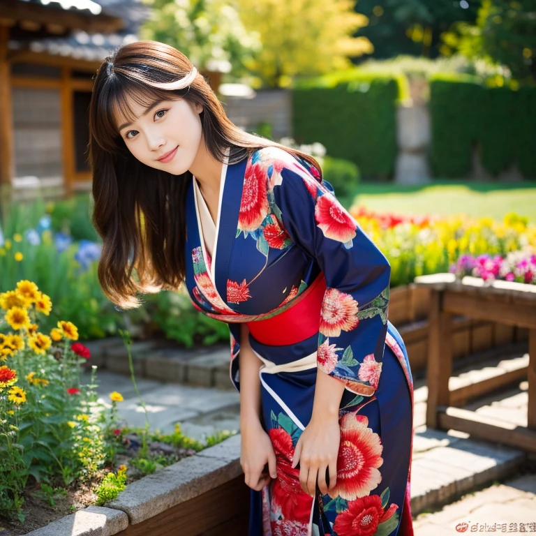 1 girl,beautiful posture, His long hair flowed up., The sun shines brightly., Supports sexy big breasts, flower garden, Red, black, dark blue, traditional kimono,, Masterpiece, best quality, Highly detailed 16k, Take photos with a high quality camera 45,000,000 pixels