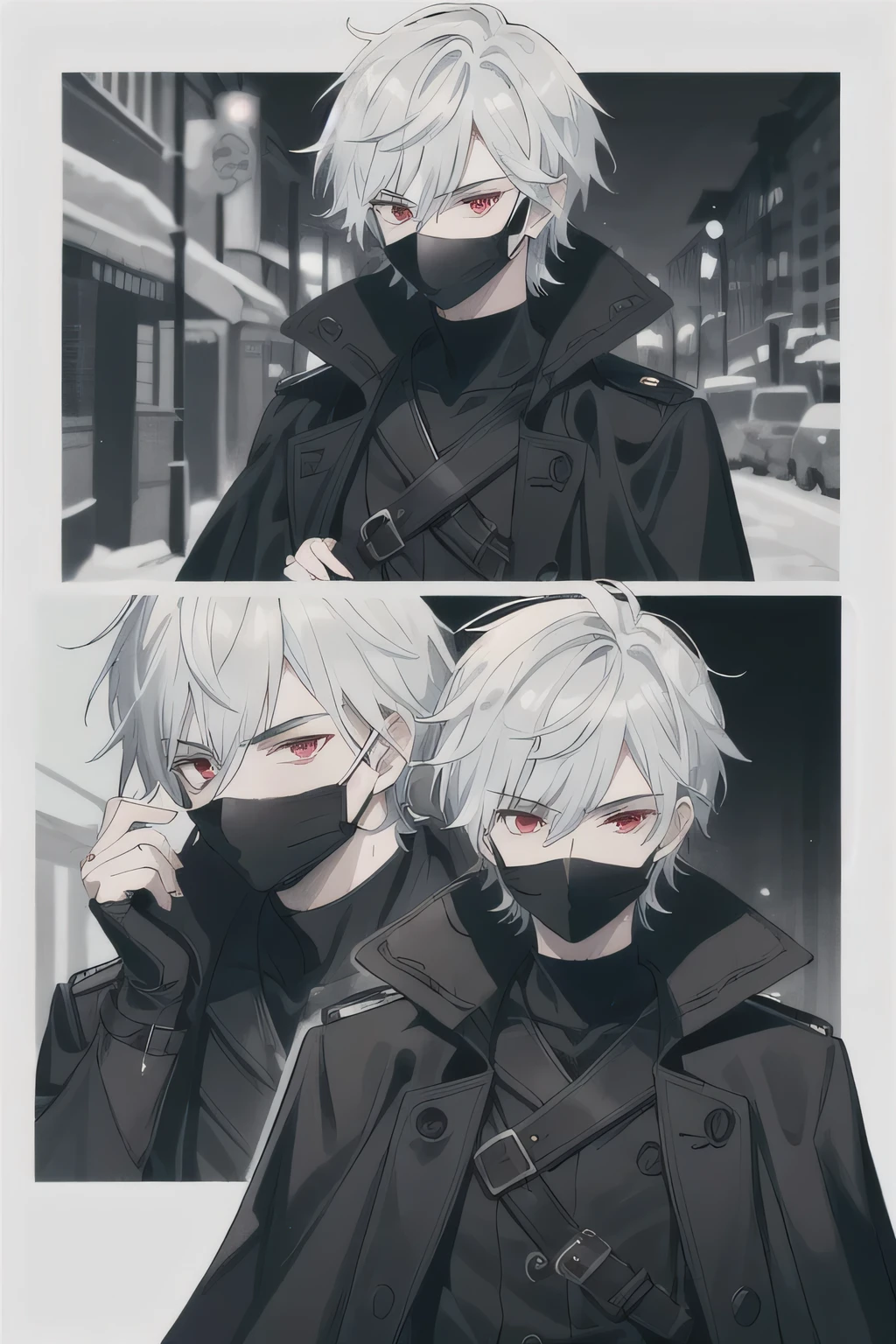 arafed boy wearing a Black Mask and a black shirt, Wearing a black mempo mask, Surgical mask covering mouth, wear mask, wear mask, Wearing a bandit mask, wear mask, Black Mask, an Aesthetic!,8K matte, Aesthetic!!, Profile picture 1024px,A handsome guy with white hair and red eyes,Wearing a black mask and a pair of fingerless gloves,Wearing a black trench coat,Draped in a black cape,Looking at the camera quietly