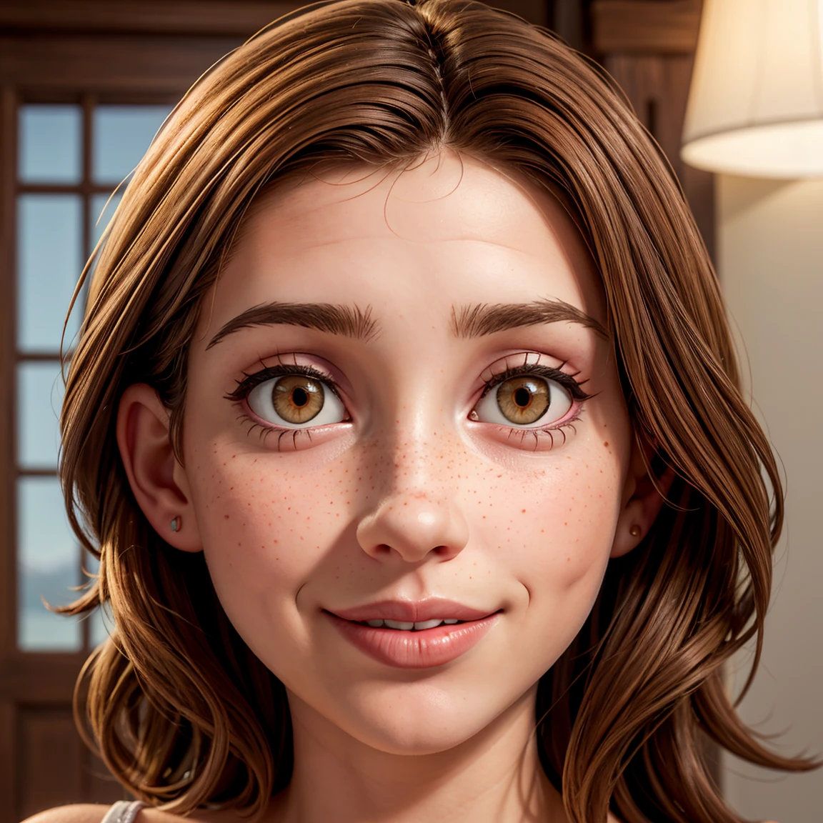Ultra-realistic full-face, full-body photorealistic image of a 34-year-old goddess with a beautiful face, with deep brown eyes that captivate anyone who meets them. Her short brown hair falls gracefully, framing her face with elegance. Full lips paint a smile. His face is adorned with one or more spots, adding a touch of mystery and charm. Light freckles give a playful and natural look to your appearance, giving you an aura of freshness. Her beauty is a harmonious blend of unique and captivating features, making her irresistibly attractive.