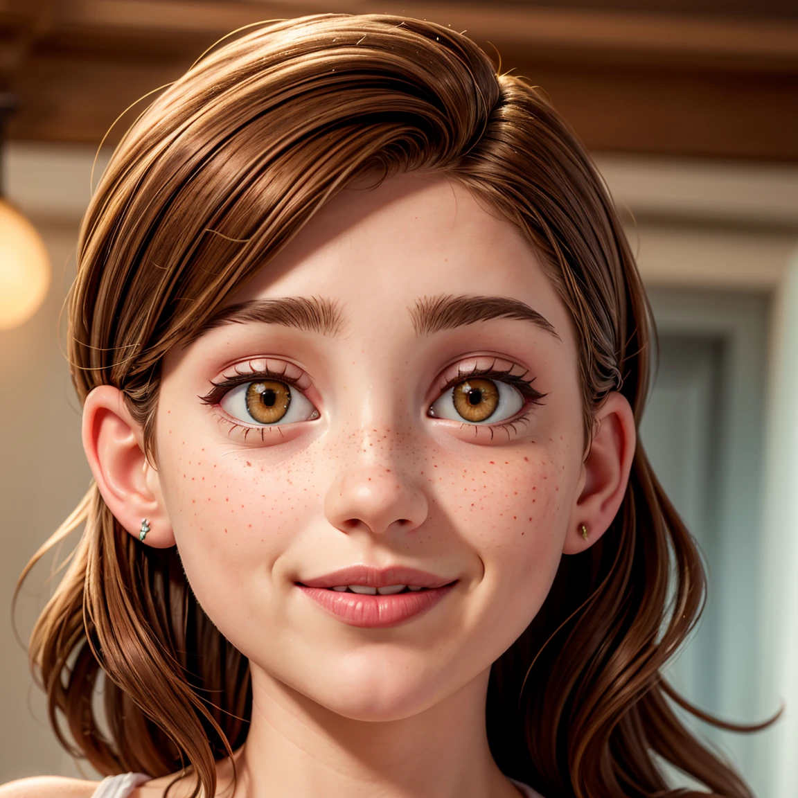 Ultra-realistic full-face, full-body photorealistic image of a 34-year-old goddess with a beautiful face, with deep brown eyes that captivate anyone who meets them. Her short brown hair falls gracefully, framing her face with elegance. Full lips paint a smile. His face is adorned with one or more spots, adding a touch of mystery and charm. Light freckles give a playful and natural look to your appearance, giving you an aura of freshness. Her beauty is a harmonious blend of unique and captivating features, making her irresistibly attractive.